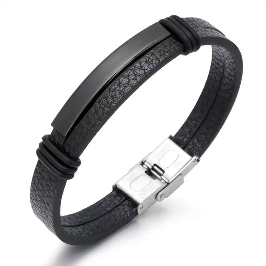 läderarmband med två remmar, svart färg och silver lås